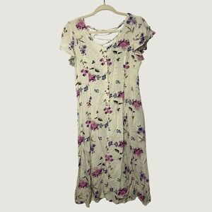 Vintage Bonnie Evans 90s Grunge Floral Dress Cream Purple Lace Up Back Midi L